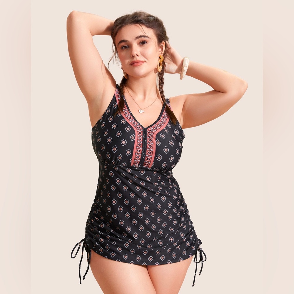 BloomChic Bohemian Print Drawstring Cinched Side Tankini w/Bike Short, 3x EUC